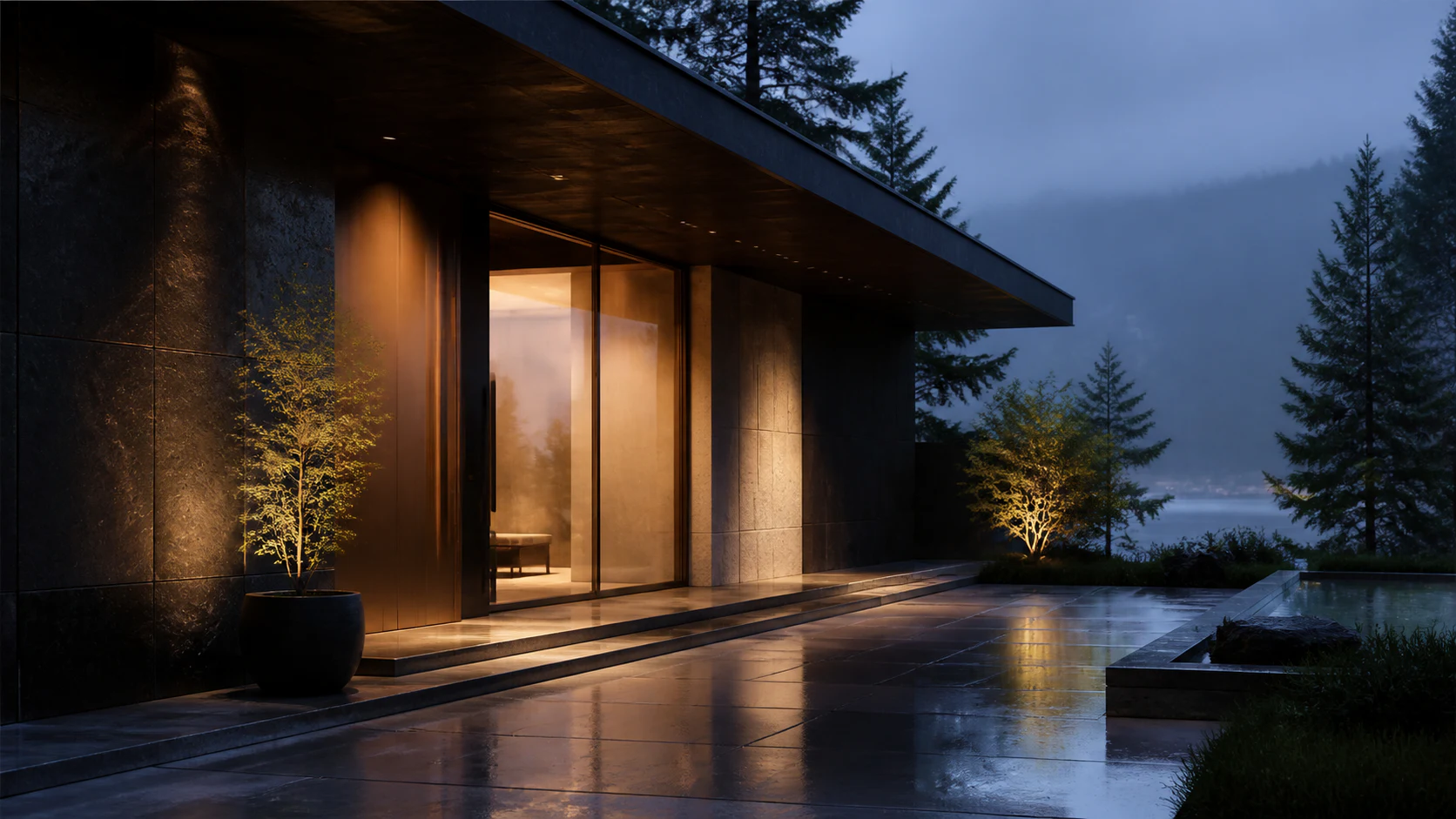 Atmospheric contemporary entry threshold at blue hour after Pacific Northwest rain