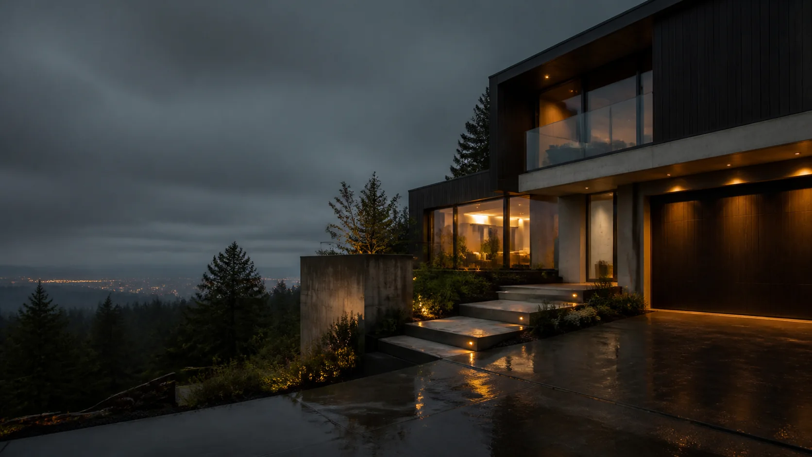 Atmospheric modern architecture set against a dark Pacific Northwest landscape