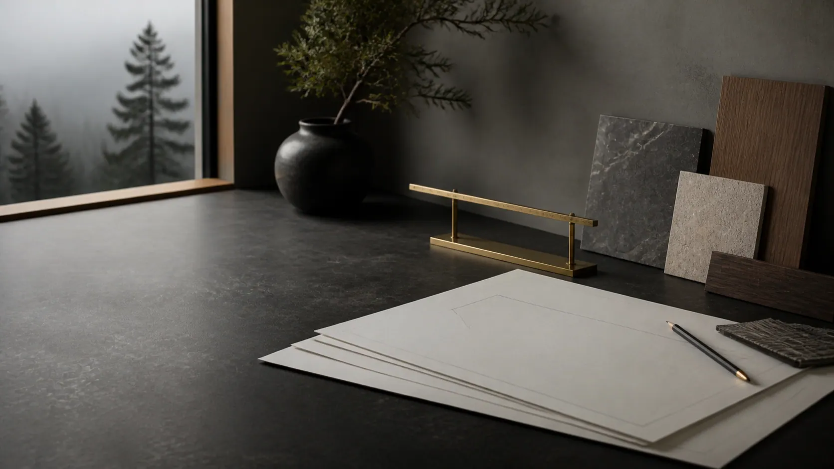 Atmospheric acquisition-review workspace with architectural materials and blank plans