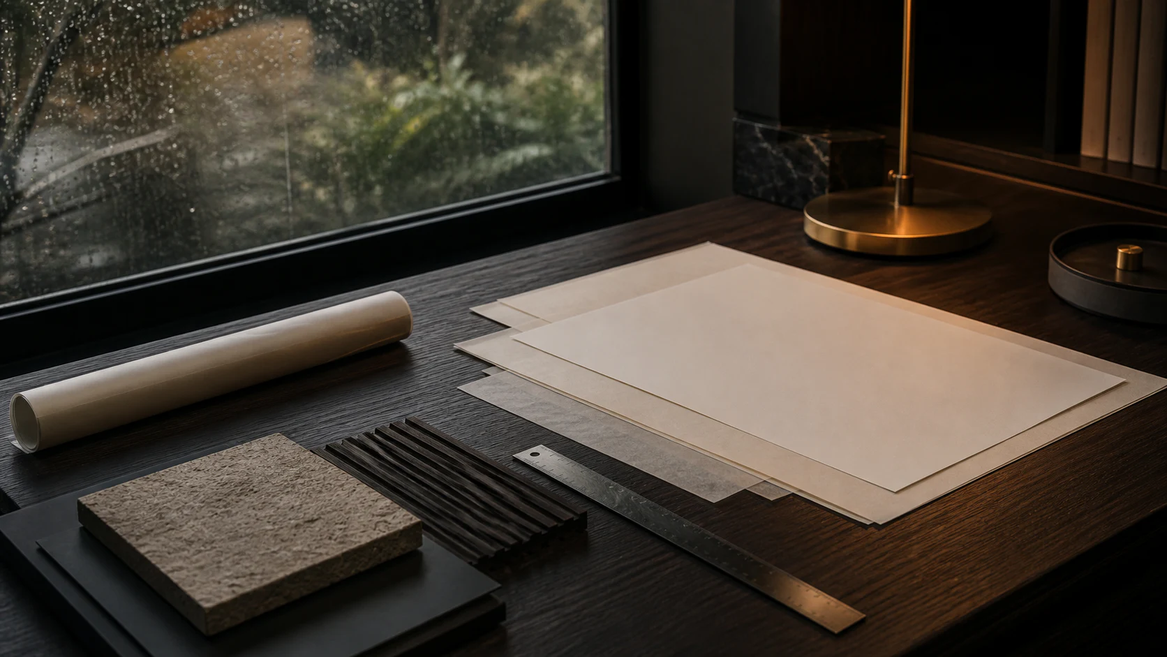 Atmospheric acquisition-review desk with blank papers and architectural material samples