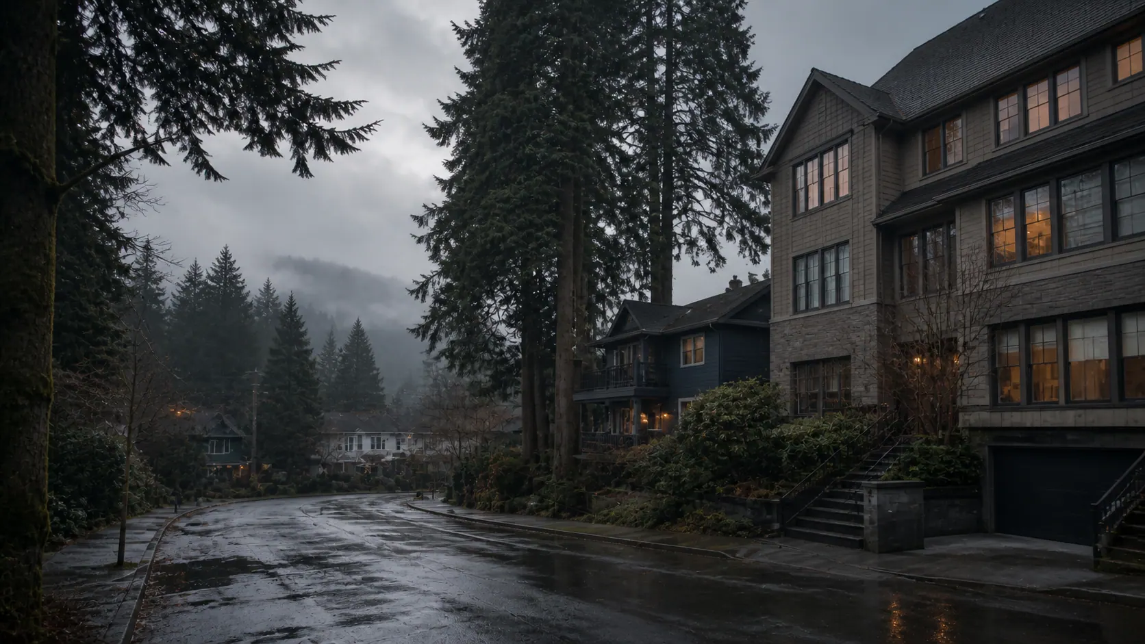 Atmospheric Pacific Northwest residential street after rain